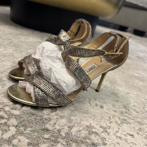 Jimmy Choo Crystal Strappy Sandals | Gold Evening Heels | Size 6
